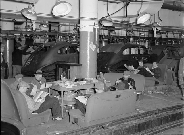 Sitdown strikers in the Fisher body plant factory number three in Flint, Michigan. 1937
